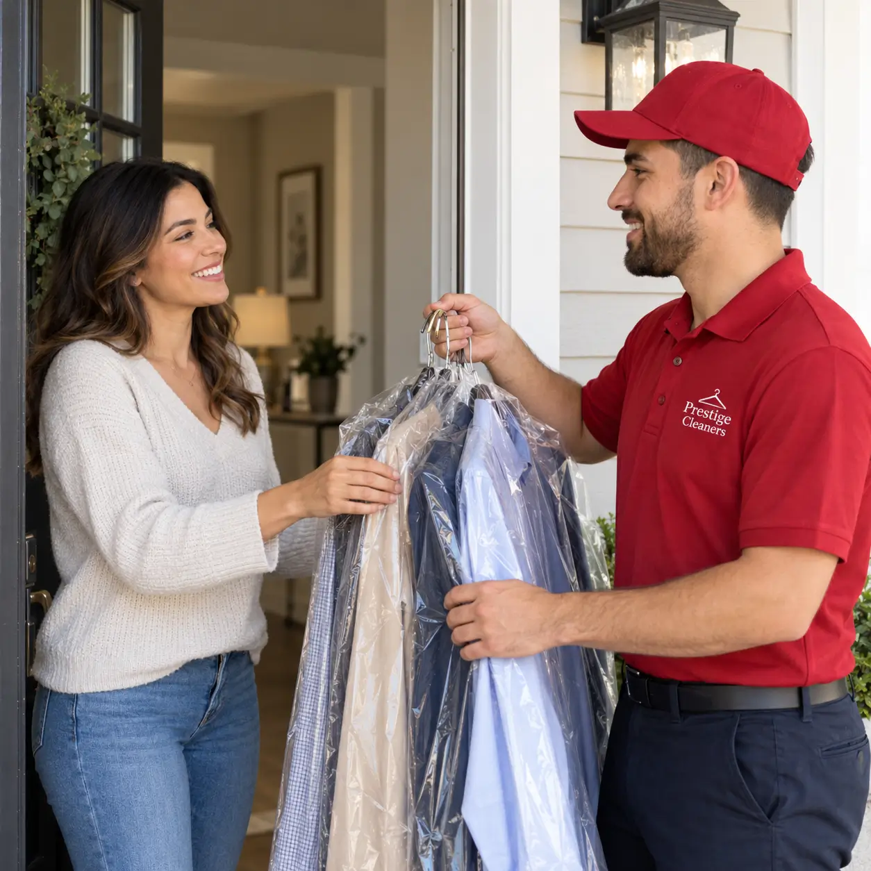 A woman at her door receives freshly cleaned clothes on hangers from a delivery person in a red uniform.